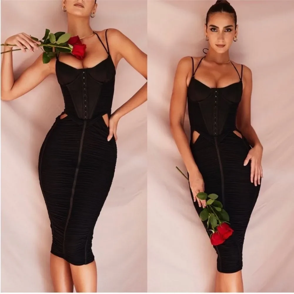 House OF CB Womens Black Maya Corset Mesh Midi Dress 6/8